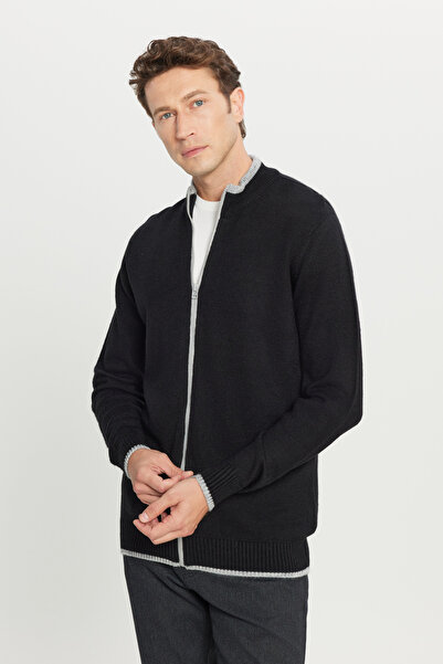 AC&Co / Altınyıldız Classics Men's Black Standard Fit Regular Cut Mock Neck Knitwear Jacket