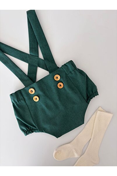 il mio bambino Handmade 100% Cotton Baby Salopet Shorts - Green - Summer Jumpsuit Shorts with Straps and Buttons