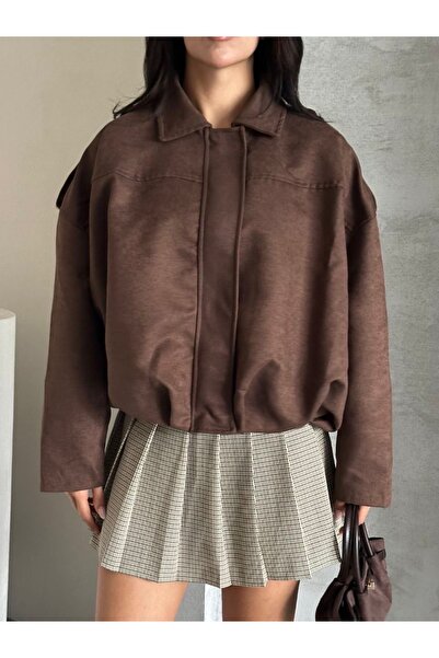 Ekim Store Jachetă Bomber supradimensionat din piele intoarsa cu fermoar