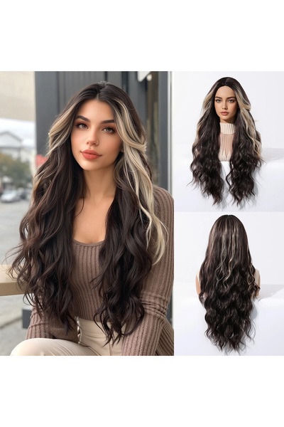 animis beauty Perucă satinată cu șuvițe blonde, fibră sintetică cu aspect, păr lung, fără breton, 65 cm