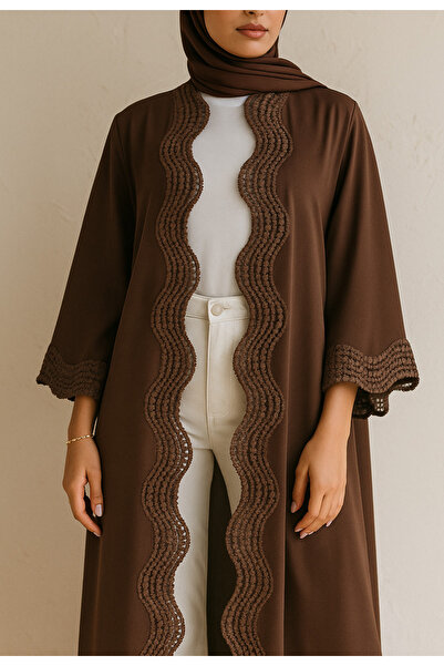 MayaCloset Premium Long Brown Nidah Cap Ferace Abaya with Elegant Lace Trim