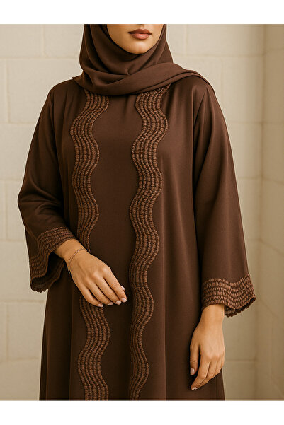 MayaCloset Premium Long Brown Nidah Cap Ferace Abaya with Elegant Lace Trim