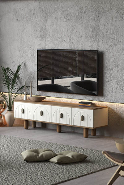 MİLVAKİ Boho Tv Sehpası Bohem Tarz Tv Ünitesi MDF Kapaklı 180 Cm