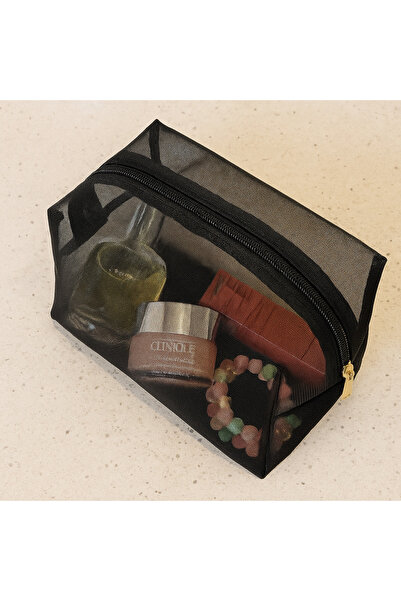 BLTBAGS Black Mesh Fabric Cosmetic Bag Set – 2 Pieces Transparent and Stylish Design