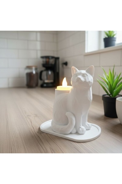 Dropcek eticaret Beyaz Dekoratif Kedi Biblo Led Mumlu Şık Ev Ofis Masa Üstü A...