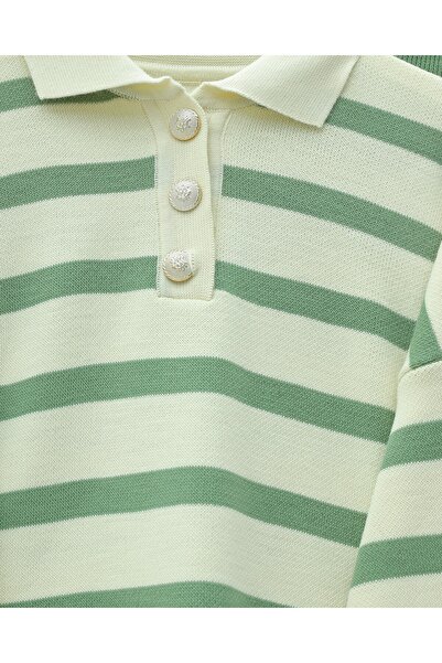 Modamorfo Polo Neck Buttoned Striped Knitwear Set - Green