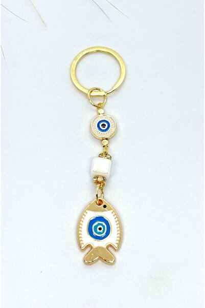 Azrua White Fish Stone Metal Keychain, Lucky Keychain, Metal Evil Eye Bead Keychain