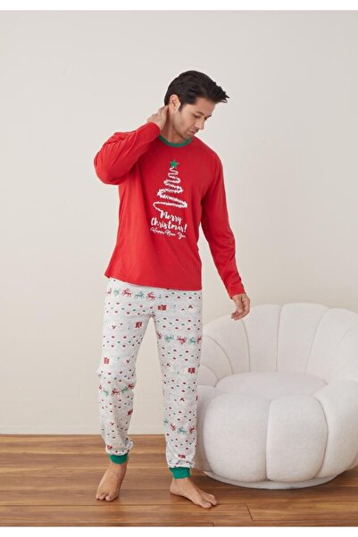 TOSKI Men's Christmas Pajamas Long Pants Long Sleeve, Red, Fir Tree