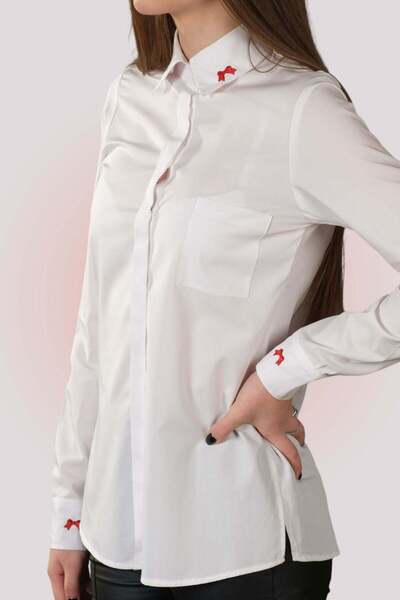 Suavette Hand-Embroidered Shirt with Red Bows in Bamboo and Cotton