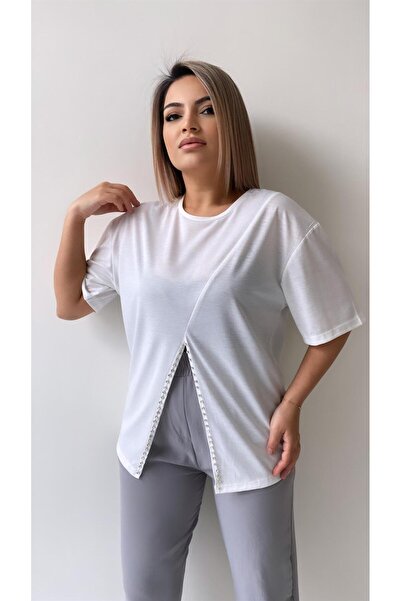 SEDA FİDAN BOUTIQUE Önü Taş Yırtmaçlı Tişört Ekru