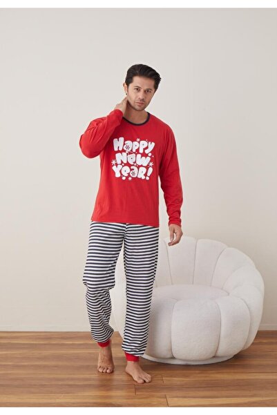 TOSKI Men's Christmas Pajamas Long Pants Long Sleeve, Red, Happy New Year!