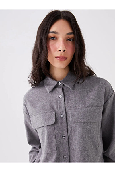 LC Waikiki Lcw Vision Gray Solid Long Sleeve Oversize Women's Lumberjack Shirt Jacket