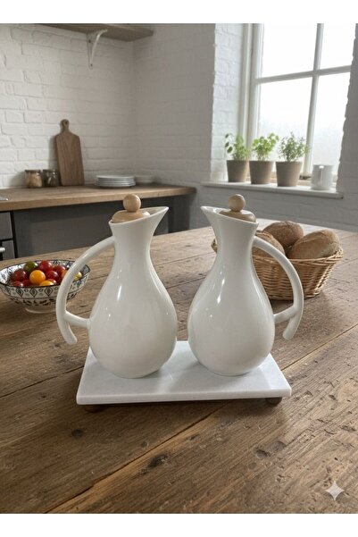 morponi Porcelain Oil Bottle & Sauce Bowl with Marble Stand Fiona 680 ml
