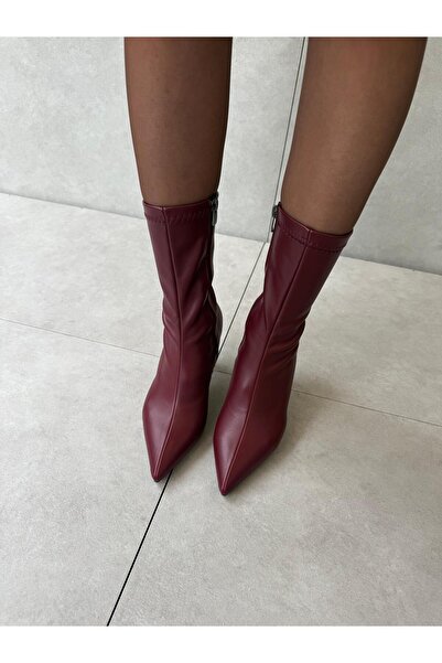 Elvinin Tarzı Ciel Burgundy Leather Thin Heeled Flexible Women's Stretch Boots