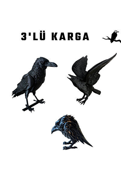 MYA 3D TASARIM ATÖLYESİ 3D Karga Kuzgun 3'Lü Set Dekoratif Obje Biblo Korkuluk