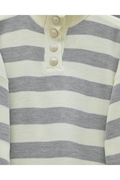 Modamorfo Half Turtleneck Buttoned Thick Striped Knitwear Set - Gray