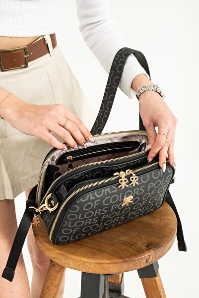 Çanta Trend Lili Black Printed Three-Eye Women's Shoulder Bag 17x28 Size