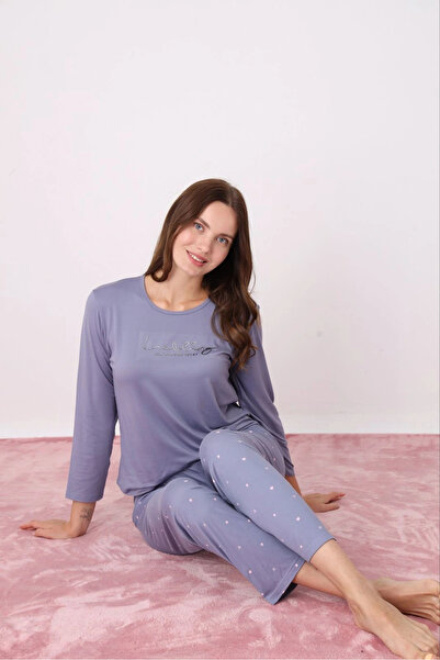 Pijamoni Women's Milan Fabric Crew Neck Dark Lilac Pajama Set