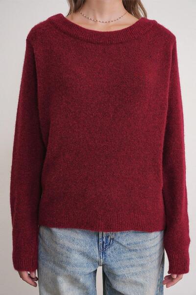 Mixray 69633 Women's Boat Neck Wool Blend Premium Knitwear Sweater Burgundy