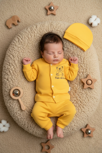 zubi baby & kids wear Teddy Bear Patterned Yellow 100% Cotton Baby Set