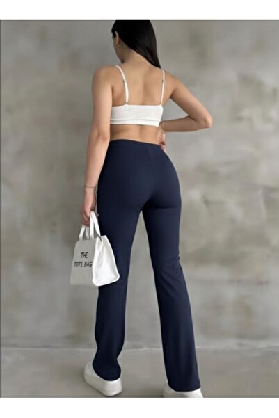 glanour Women's Navy Blue High Waist Slim-fit Flare Leg Palazzo Pants