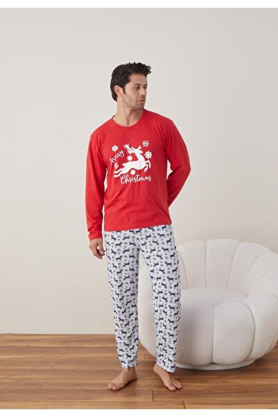 TOSKI Men's Christmas Pajamas Long Pants Long Sleeve, Red, Reindeer