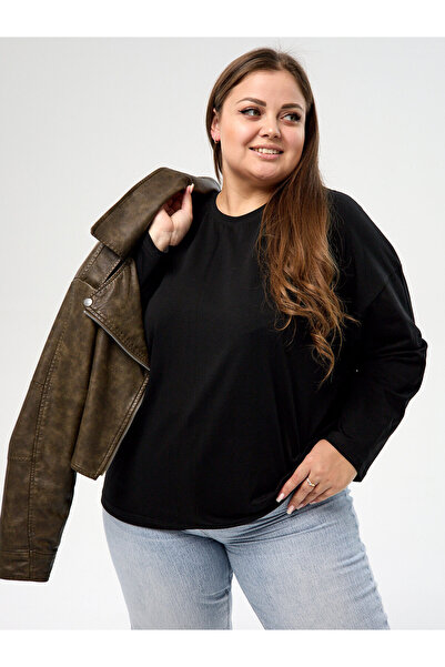 ELNOYA سويت شيرت أسود قصة فضفاضة ساديك بسيط بأكمام طويلة مريح للجنسين