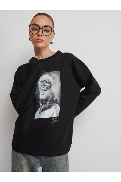 ELNOYA سويت شيرت أسود للجنسين قصة فضفاضة بسيط بتصميم 'كات ماذ' مطبوع بأكمام ط...