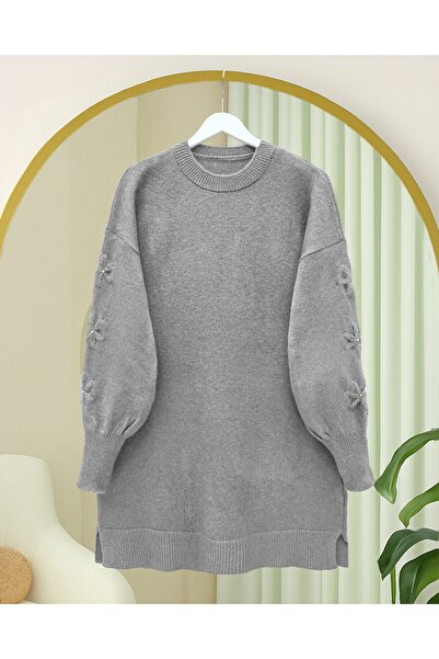 Modamorfo Round Neck Soft Knit Sweater with Handle Flower Detail - Gray
