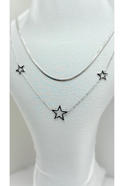 NİSA HOME قلادة نسائية من الفولاذ بلون ذهبي وفضي مع سلسلة مرصعة وتفاصيل نجمية...