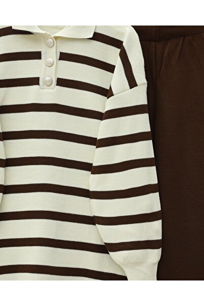 Modamorfo Polo Neck Buttoned Striped Knitwear Set - Brown