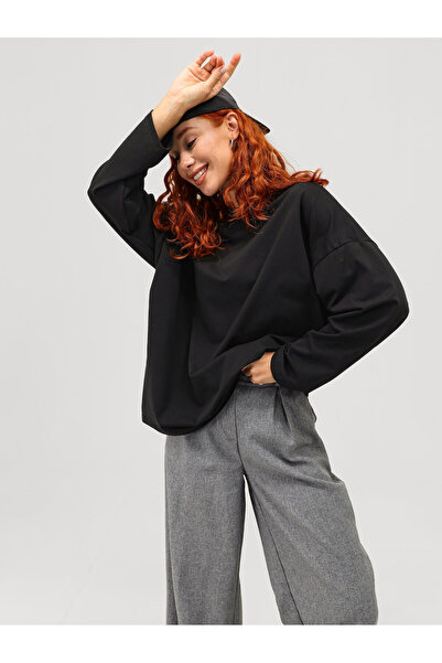 ELNOYA سويت شيرت أسود قصة فضفاضة أساسي بأكمام طويلة للجنسين