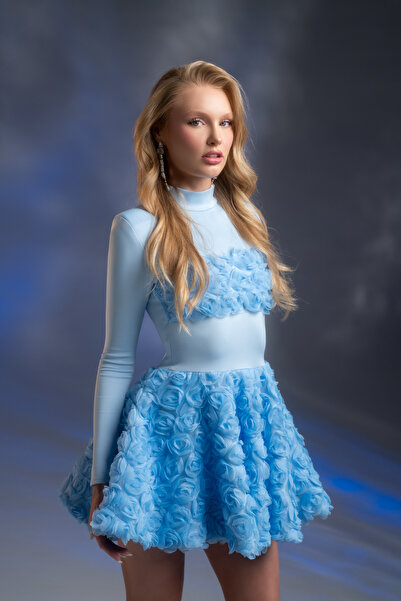 Gira official Açık Mavi Gül Detaylı Mini Elbise