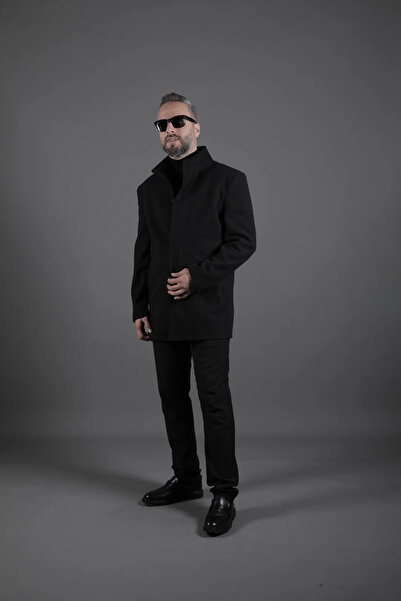 OHEPMODA Men's Cashmere Coat with Collar Detail and Hidden Buttons