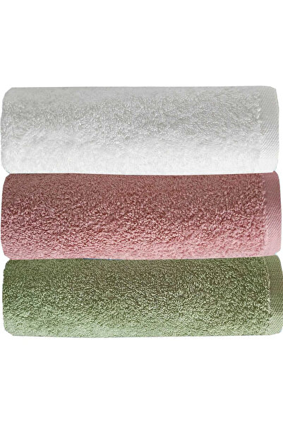 Mira Home مجموعة من 3 مناشف وجه يدوية بلون سادة 100% قطن 50x90 سم أخضر وردي أبيض