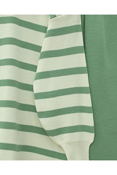 Modamorfo Polo Neck Buttoned Striped Knitwear Set - Green