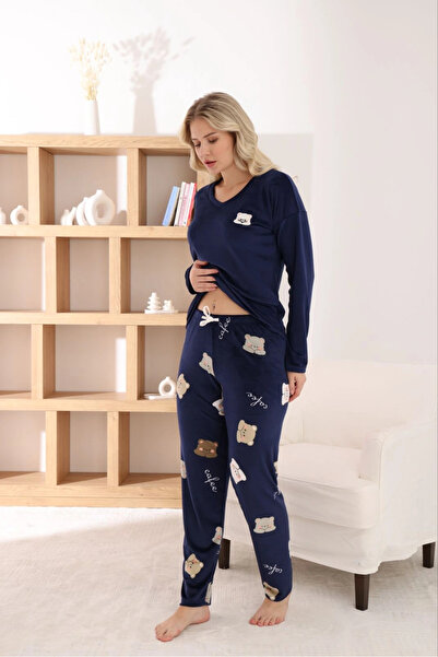 Pijamoni Women's French Fabric V-Neck Teddy Printed Navy Blue Pajama Set
