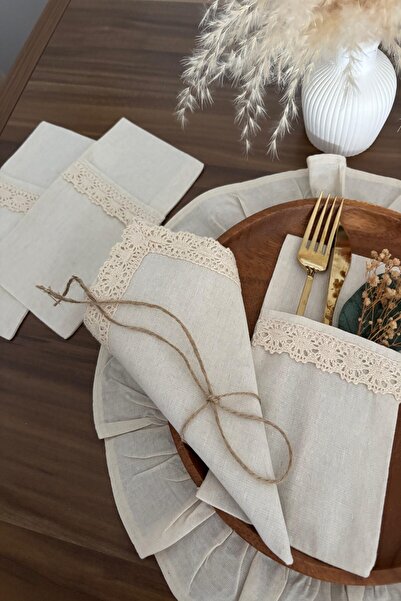 zarafet concept 6 Adet Ham Keten Dantel Detaylı Kaşıklık /Peçetelik