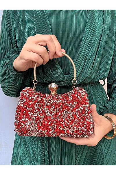 Çanta Trend Red Women's Crystal Stone Heart 2-Strap Evening Dress Bag