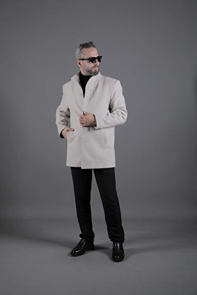 OHEPMODA Men's Cashmere Coat with Collar Detail and Hidden Buttons