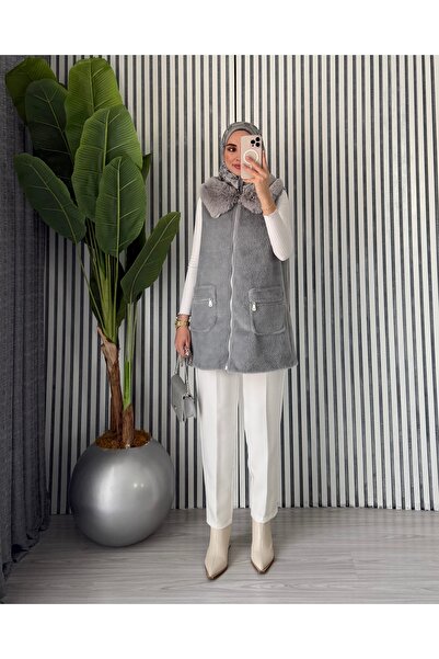 ruqaya Kadın Kürk Detaylı Fermuarlı Angora Yelek