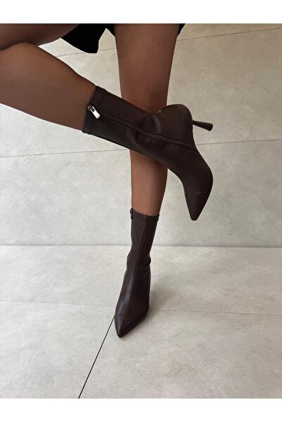 Elvinin Tarzı Ciel Bitter Brown Leather Thin Heeled Flexible Women's Stretch Boots