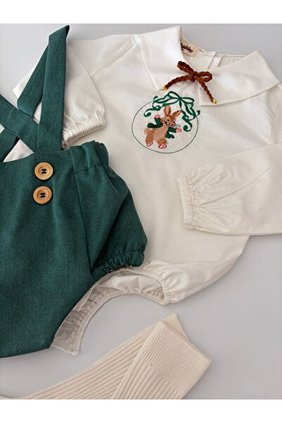 il mio bambino Handmade 100% Cotton Baby Boy Christmas Bunny Embroidery Long Shirt, Short Jumpsuit - Romper Set