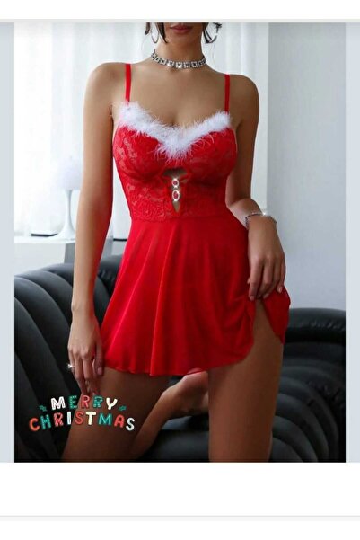 NARIYA Kadın Kırmızı Kostüm Gecelik Fantezi Yılbaşına Özel Seri Kırmızı Dantel İşlemeli Noel Gecelik