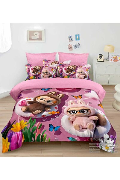 Lenjeria Familiei Tale 6-piece fine double bed linen with elastic - Labubu pink model, cheerful print for children
