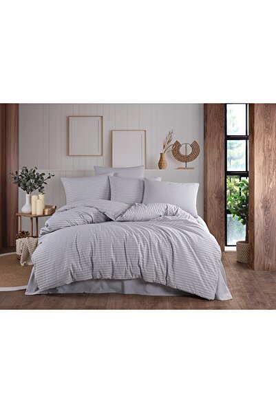 Turkotton طقم غطاء لحاف من الساتان القطني المخطط مزدوج الحجم