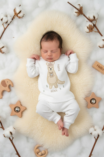 zubi baby & kids wear طقم أطفال من القطن الأبيض المضلع بنسبة 100% مطرز عليه ح...
