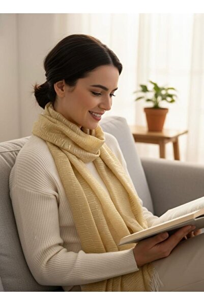 Pure Silk Atelier %100 Saf İpek Şal - Gold Jakarlı Kendinden Desenli Lüks Omu...