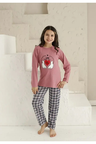 TOSKI Pijama Fete, Mânecă Lungă si Pantaloni Lungi,Love, Roz Închis