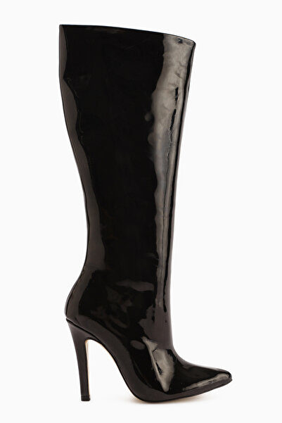 Limoya Sonita Black Patent Leather Thin Heeled Women's Boots